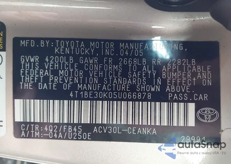 2005 Toyota Camry Le from USA, damaged, VIN 4T1BE30K05U066878